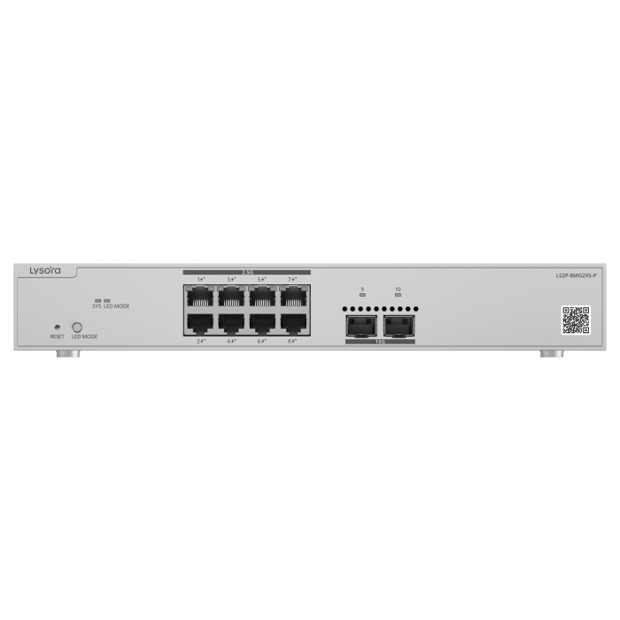 LS2P-8MG2XS-P 8-Port Layer 2 Managed PoE Switch with 125 W PoE Budget Front-angle