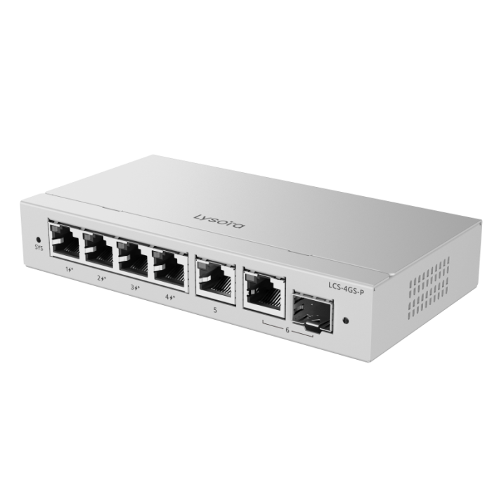 NA-LCS-4GS-P-Angle1.png LCS-4GS-P 4-Port Cloud Managed PoE Switch with 54 W PoE Budget Angle1