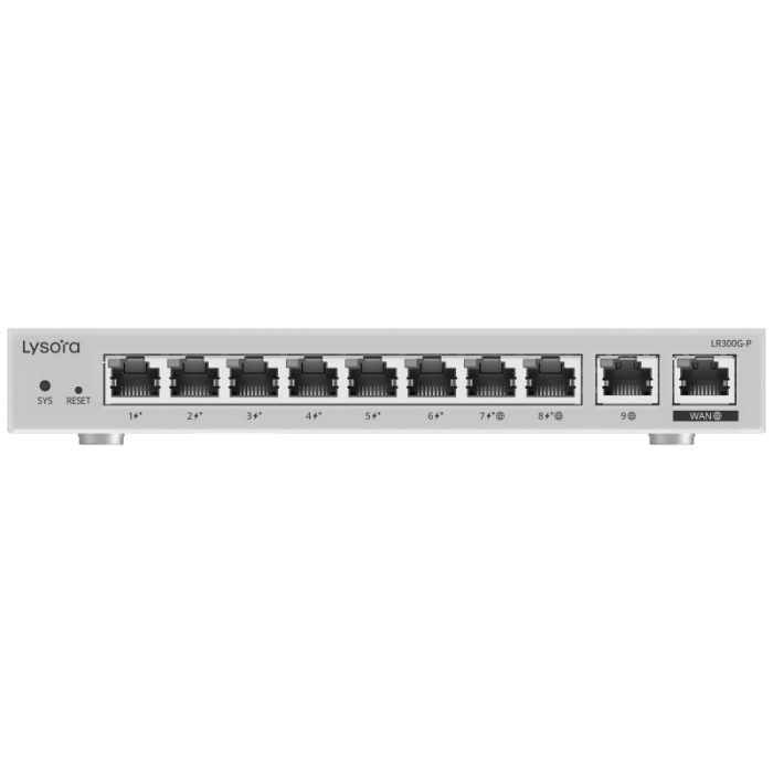 LR300G-P 10-Port Cloud Managed Router with 110 W PoE Budget Front-angle