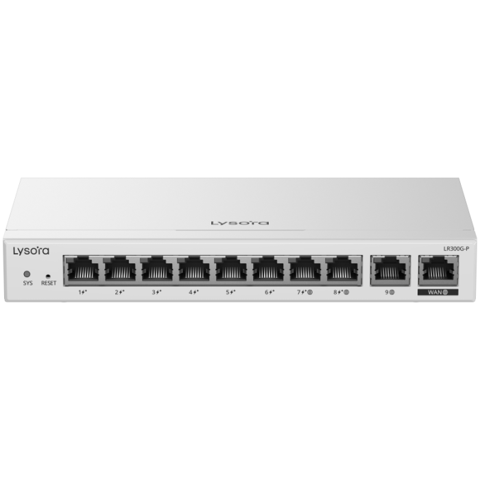 LR300G-P 10-Port Cloud Managed Router with 110 W PoE Budget Front-angle